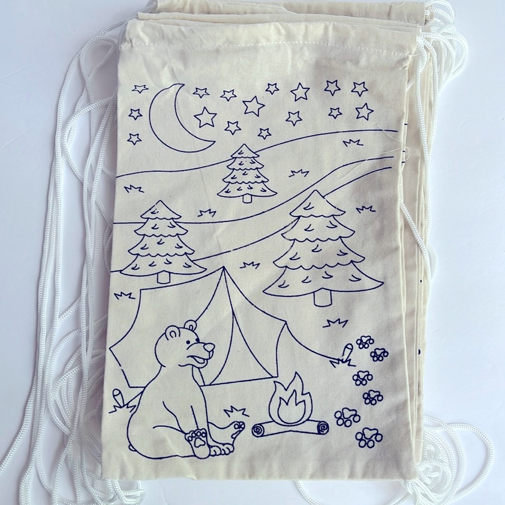 Camping Theme Drawstring Backpack Bags Bundle 7 Tote Backpacks Bear Moon Stars